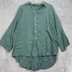 Meo Meli Tunic Shirt Womens 1X Ocean Green Linen Oversized Mullet Hem Button Up
